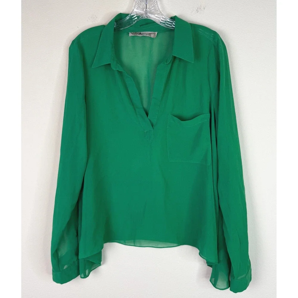 Free People Blouse Womens Medium Green V-Neck Long Sleeve Sheer Chiffon Top
